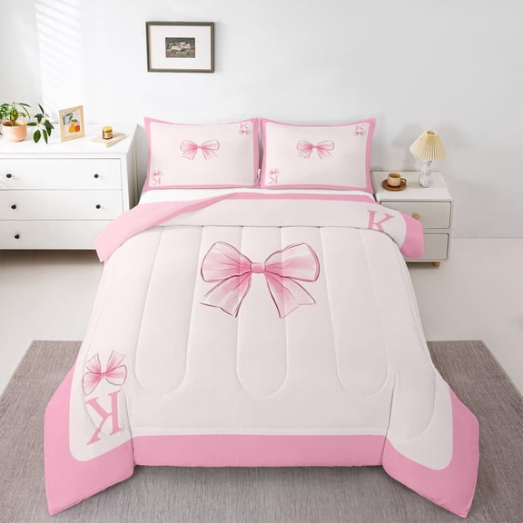Homewish Letter K Monogrammed Queen Comforter Set,Girls Kawaii Bowtie Bedding Sets,Pink Bow Knot Bedding Comforter Set For Princess Kids,Microfiber Room Decorative Reversible,3pcs