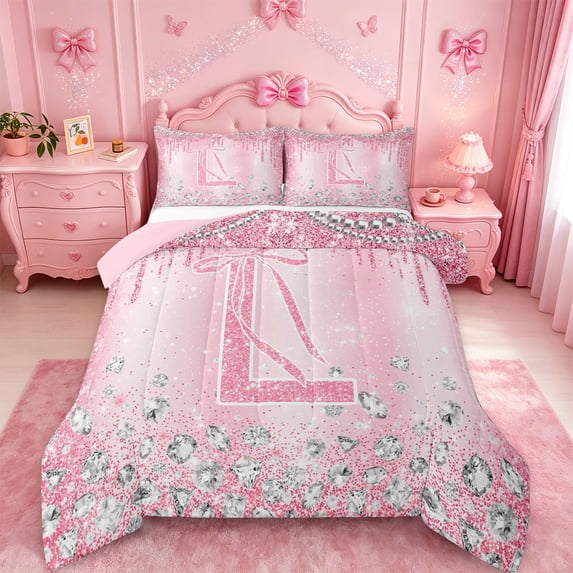 Homewish Letter L Monogrammed Queen Comforter Set,Chic Diamond Bedding Sets,Pink Glitter Print Bedding Comforter Set For Girls,Microfiber Room Decorative Reversible,3 Pieces