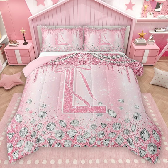 Homewish Letter L Monogrammed Queen Comforter Set,Chic Diamond Bedding Sets,Pink Glitter Print Bedding Comforter Set For Girls,Microfiber Room Decorative Reversible,3 Pieces