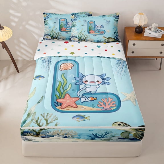 Homewish Letter L Monogrammed Zipper Twin Comforter Sets with Fitted Sheet and 2 Pillowcases,Kawaii Sea Animal Axolotl Turtle Zipper Bedding Set For Kids Boys,Reversible,4 Pieces
