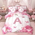 thumbnail image 1 of Homewish Letter A Monogrammed 7-Piece Bedding Comforter Set,Pink Flower Butterfly King Bedding Sets,Chic Glitter Print Bed Sheets For Girls,Microfiber Room Decorative Reversible, 1 of 8
