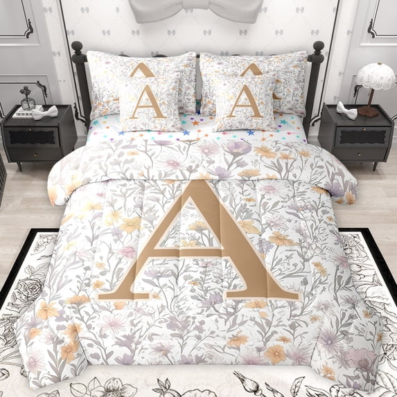 Homewish Letter A Monogrammed 7-Piece Twin Bedding Sets,Retro Rustic Flower Bedding Comforter Set,Countryside Plant Sheet Sets For Child,Microfiber Room Decorative Reversible