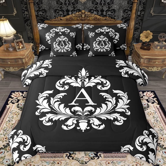 Homewish Letter A Monogrammed 7-Piece Twin Bedding Sets,Vintage Damask Bedding Comforter Set,Baroque Floral Sheet Sets For Adults,Microfiber Room Decorative Reversible