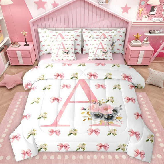 Homewish Letter A Monogrammed 7 Pieces Bedding Comforter Set,Girls Kawaii Bowtie Full Bedding Set,Pink White Fitted Sheet Flat Sheet For Princess Kids,Microfiber Room Decorative Reversible