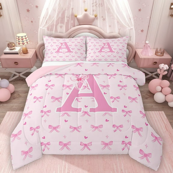 Homewish Letter Monogrammed A Bedding Comforter Set 2pcs for Teens Boys Girls,Kawaii Pink Bow Twin Comforter Sets Microfiber,Dreamy Princess Breathable Bedding Set,Lightweight Room Decor,Reversible