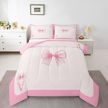 Homewish Letter A Monogrammed Bedding Comforter Set,Girls Kawaii Bowtie Twin Comforter Sets,Pink Bow Knot Bedding Set For Princess Kids,Microfiber Room Decorative Reversible,2 Pieces