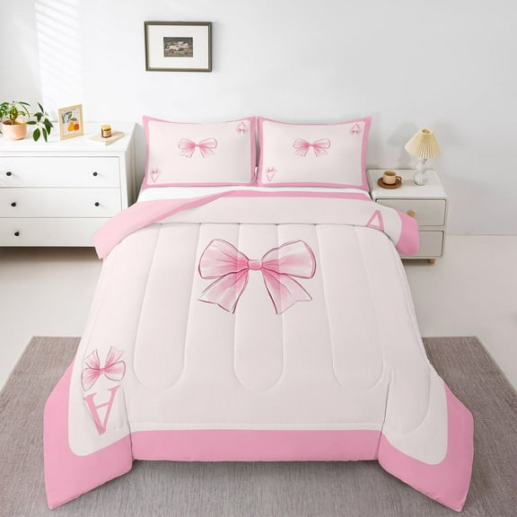 Homewish Letter A Monogrammed Bedding Comforter Set,Girls Kawaii Bowtie Twin Comforter Sets,Pink Bow Knot Bedding Set For Princess Kids,Microfiber Room Decorative Reversible,2 Pieces