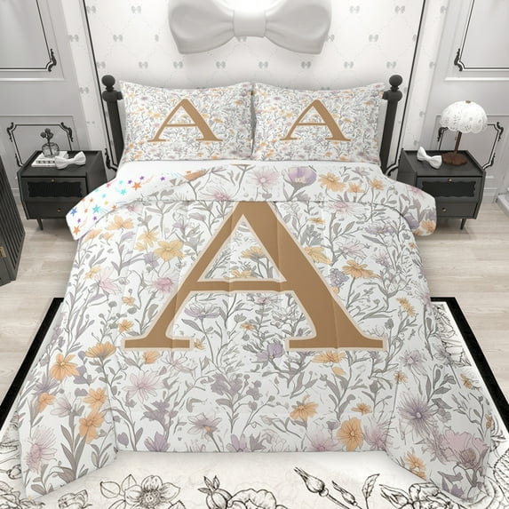 Homewish Letter A Monogrammed Bedding Comforter Set,Retro Rustic Flower Twin Comforter Sets,Countryside Plant Bedding Set For Child,Microfiber Room Decorative Reversible,2pcs