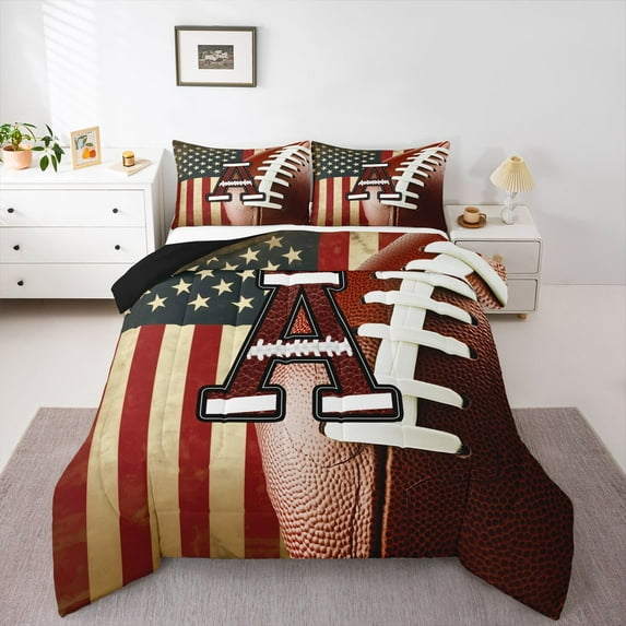 Homewish Letter A Monogrammed Bedding Comforter Set,Rugby Sports Twin Comforter Sets,Retro American Flags Bedding Set For Boys Kids,Microfiber Room Decorative Reversible,2-Piece