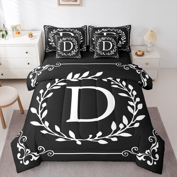 Homewish Letter Monogrammed D 7-Piece Bedding Comforter Set For Kids Children Teens,Exotic Style King Bedding Sets,Tree Leaves Ultra Soft Bed Sheets,Super Cozy Room Decor,Reversible