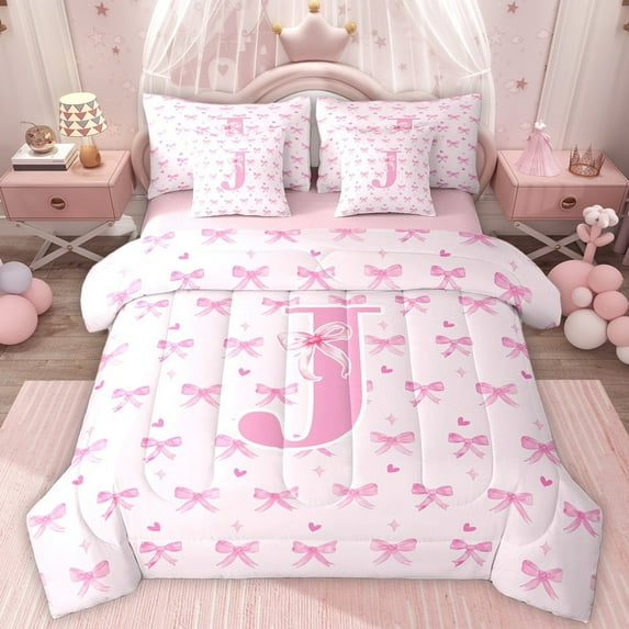 Homewish Letter Monogrammed J 7-Piece King Bedding Set - Kawaii Pink Bow Princess