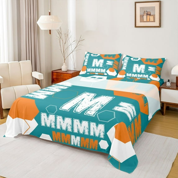 Homewish Letter Monogrammed M 3pcs Twin Sheet Sets For Teens Boys Girls,Geometric Honeycomb Hexagon Twin Fitted Sheet,Abstract Retro Vintage Breathable Flat Sheet,Luxury Bedroom Decor