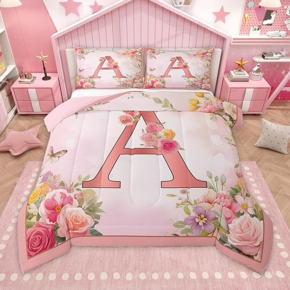 Homewish Letter A Monogrammed Queen Comforter Set,Romantic Flower Bedding Sets,Colorful Floral Bedding Comforter Set For Girls Kids,Microfiber Room Decorative Reversible,3 Pieces