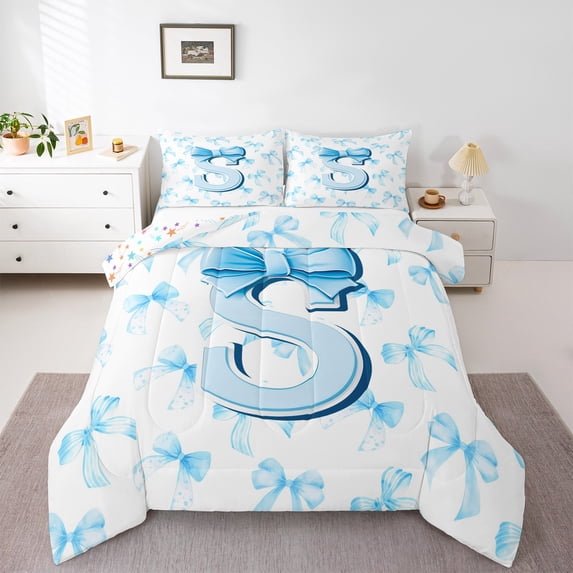 Homewish Letter Monogrammed S 3-Piece Full Size Comforter Sets For Kids Children Teens,Kawaii Ribbon Bowtie Bedding Comforter Set,Dreamy Princess Lightweight Bedding Sets,Super Cozy Room Decor