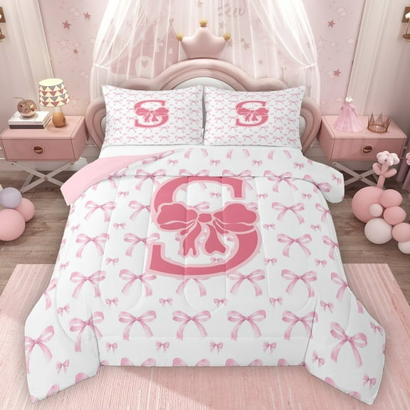 Homewish Letter Monogrammed S Bedding Comforter Set 2pcs for Teens Boys Girls,Kawaii Pink Bow Twin Comforter Sets Microfiber,Dreamy Princess Breathable Bedding Set,Lightweight Room Decor,Reversible