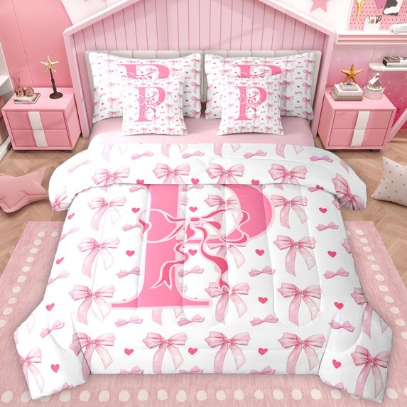 Homewish Letter P Monogrammed 7pcs Bedding Comforter Set,Cute Bow Tie Queen Bedding Sets,Pink Loves Pattern Queen Sheet Sets For Girls,Microfiber Room Decorative Reversible