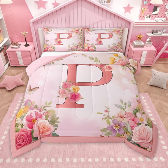 Homewish Letter P Monogrammed Bedding Comforter Set,Romantic Flower Twin Comforter Sets,Colorful Floral Bedding Set For Girls Kids,Microfiber Room Decorative Reversible,2-Piece