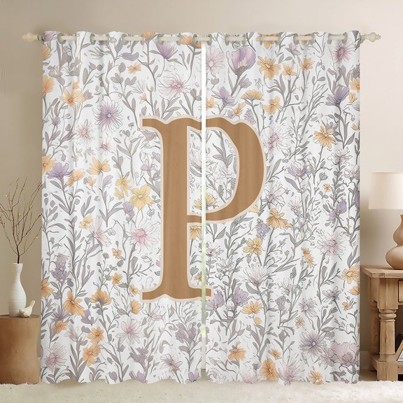 Homewish Letter P Monogrammed Curtains Pack of 2 (42x84 Each),Retro Rustic Flower Curtains Blackout,Countryside Plant Bedroom Curtains For Child,Microfiber Room Decorative