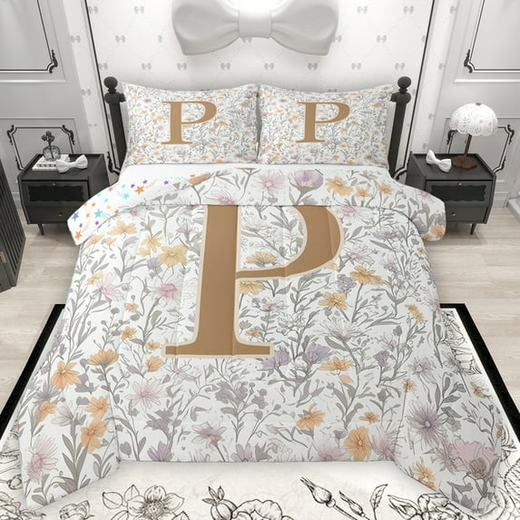 Homewish Letter P Monogrammed Full Size Comforter Sets,Retro Rustic Flower Bedding Comforter Set,Countryside Plant Bedding Sets For Child,Microfiber Room Decorative Reversible,3 Pieces