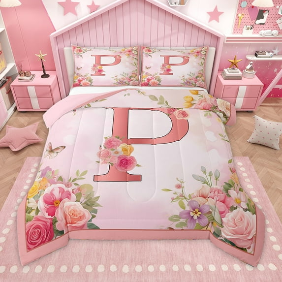 Homewish Letter P Monogrammed Full Size Comforter Sets,Romantic Flower Bedding Comforter Set,Colorful Floral Bedding Sets For Girls Kids,Microfiber Room Decorative Reversible,3 Pieces