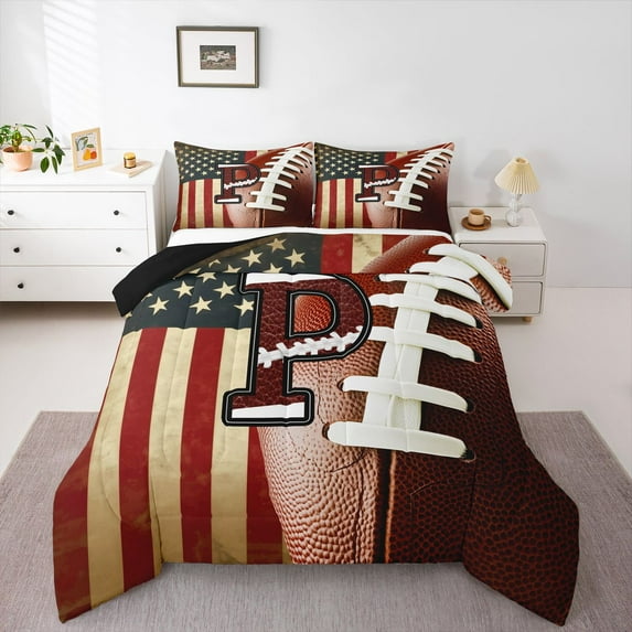 Homewish Letter P Monogrammed Full Size Comforter Sets,Rugby Sports Bedding Comforter Set,Retro American Flags Bedding Sets For Boys Kids,Microfiber Room Decorative Reversible,3pcs