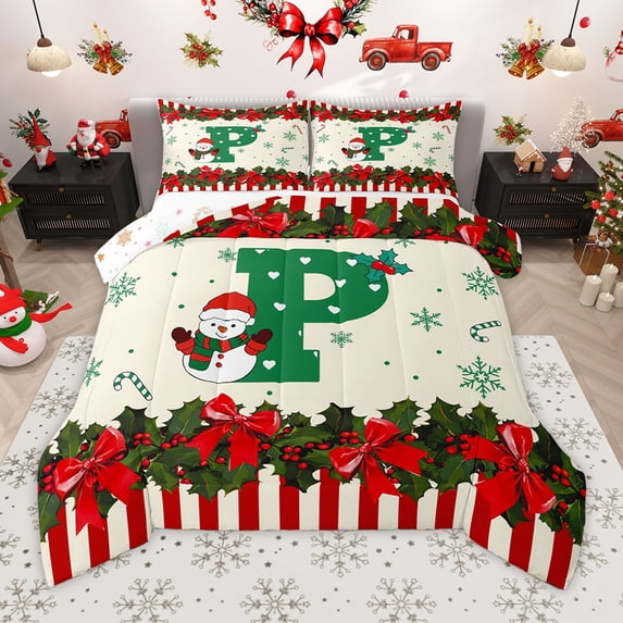 Homewish Letter P Monogrammed Queen Comforter Set,Merry Christmas Bedding Sets,Xmas Flower Red Bowtie Bedding Comforter Set For Kids,Microfiber Room Decorative Reversible,3 Pieces