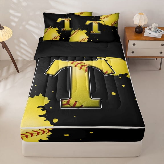 Homewish Letter T Monogrammed Zipper Twin Comforter Sets with Fitted Sheet and 2 Pillowcases,Baseball Ball Games Sport Theme Zipper Bedding Set For Boys Kids,Black Reversible,4 Pieces