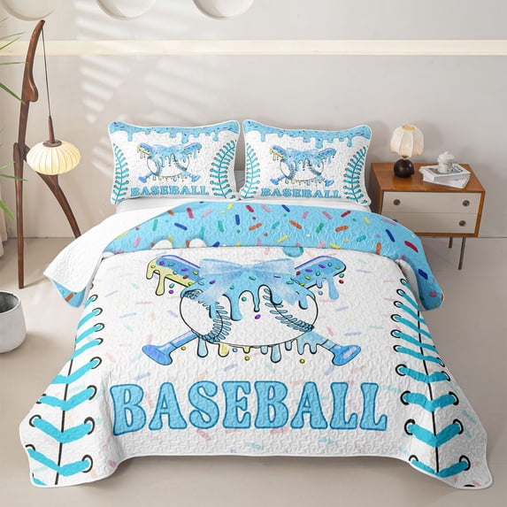 Homewish Light Blue Drip Bow Baseball Bed Spread Queen, Cute Sport Queen Coverlet Set for Girls and Boys, 3 Pieces, 1 Comforter and 2 Pillowcases