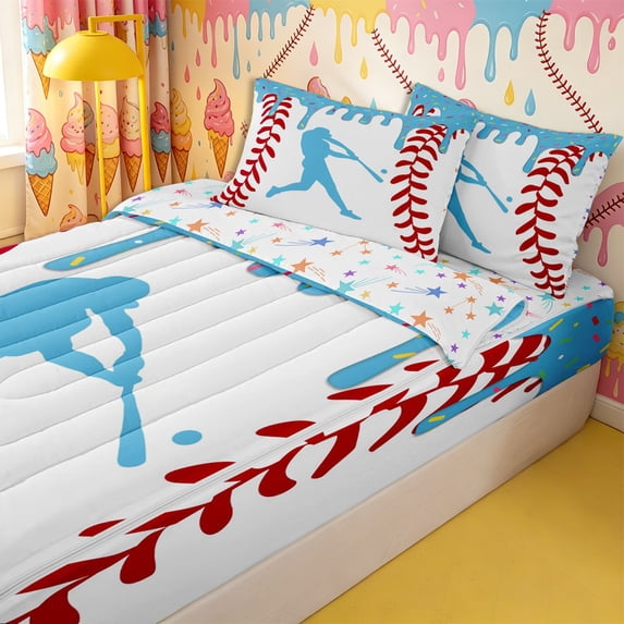 Homewish Light Blue Dripping Baseball Stitch Hitter Silhouette Graphic Zipper Full Size Comforter Sets with Fitted Sheet and 2 Pillowcases,Baseball Graphic Zipper Bedding Set,4pcs