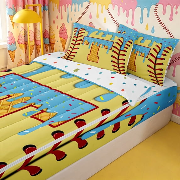 Homewish Light Blue Dripping Baseball Stitch Waffle Letter T Graphic Zipper Twin Comforter Sets with Fitted Sheet and 2 Pillowcases,Alphabet Graphic Zipper Bedding Set,4-Piece