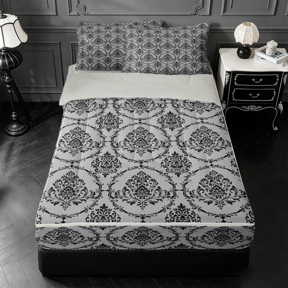 Homewish Light Gray Damask Floral Zipper Queen Comforter Set with Fitted Sheet and 2 Pillowcases,Antique Ornate Baroque Neutral Zipper Bedding Set For Adults,Light Gray Reversible,4-Piece