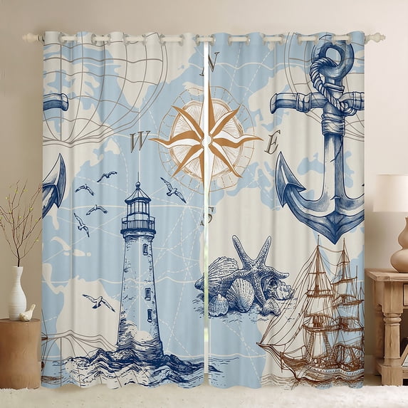 Homewish Lighthouse Print Kids Curtains Pack of 2 (42x84 Each), Nautical Compass Curtains Blackout, Cartoon Ocean Sailboat Bedroom Curtains, Curtains and Drapes Room Decor