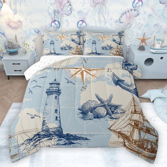 Homewish Lighthouse Print Kids Queen Comforter Set, Nautical Compass Bedding Sets, Cartoon Ocean Sailboat Reversible Bedding Comforter Set, Super Cozy Room Decor, 3-Piece