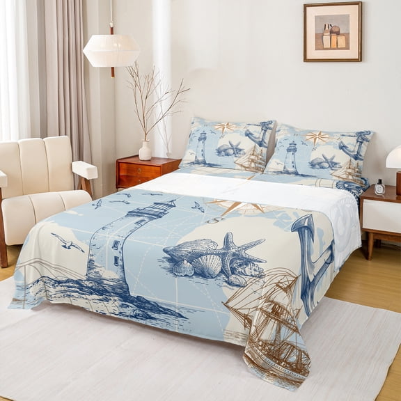 Homewish Lighthouse Print Kids Twin Sheet Sets, Nautical Compass Twin Fitted Sheet, Cartoon Ocean Sailboat Flat Sheet, Super Cozy Room Decor, 3-Piece