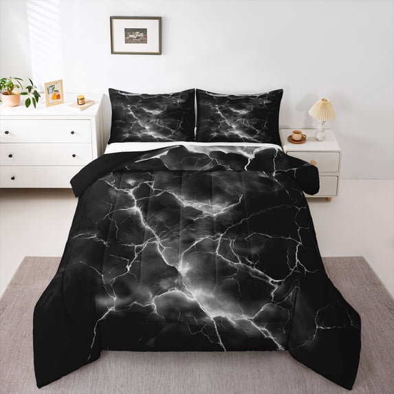 Homewish Lightning Flash Full Size Comforter Sets,Abstract Modern Bedding Comforter Set,Black,Black Reversible,3-Piece,1 Comforter and 2 Pillowcases