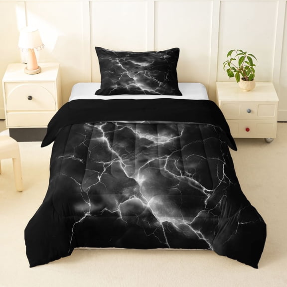 Homewish Lightning Flash Twin Comforter Sets,Abstract Modern Bedding Set,Black,Black Reversible,2pcs,1 Comforter and 1 Pillowcase