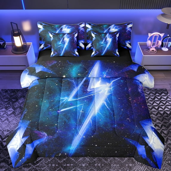 Homewish Lightning Pattern 7-Piece Bedding Comforter Set,Cartoon Cool Print King Bedding Sets,Black Blue Bed Sheets For Kids,Super Cozy Room Decor Reversible