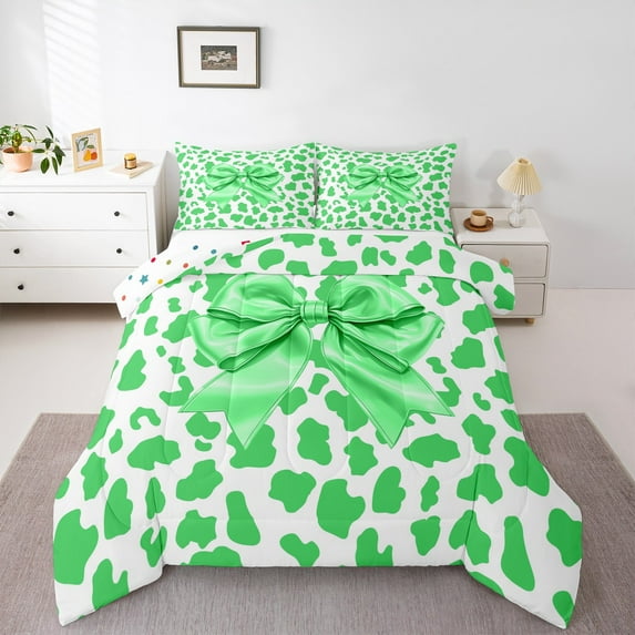 Homewish Lime Cartoon Bowknot Bedding Comforter Set for Kids, Princess Ribbon Style Twin Comforter Sets, Modern Cheetah Print Reversible Bedding Set, Microfiber Bedroom Decor, 2-Piece