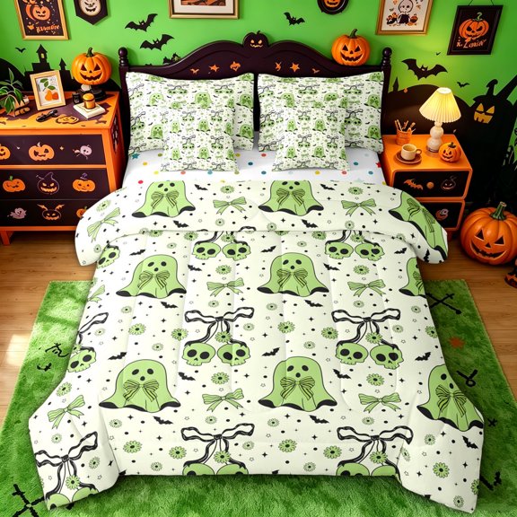 Homewish Lime Green Coquette Ghost Twin Bedding for Kids, Ribbon Skull Daisy Bedding Comforter Set, Polka Dot Reversible, 7-Piece