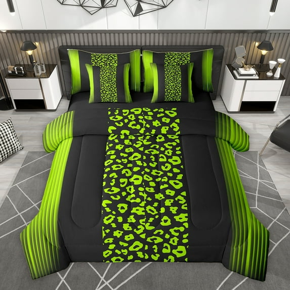 Homewish Lime Leopard Print Bedding Comforter Set 7pcs for Female, Chic Stripe Abstract Queen Bedding Sets, Modern Fashion Art Reversible Queen Sheet Sets, Microfiber Bedroom Decor