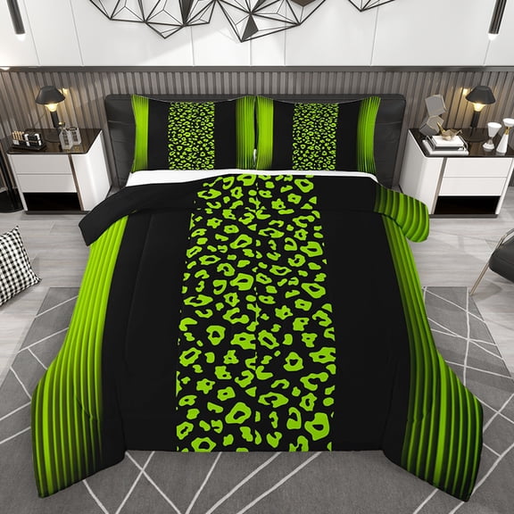Homewish Lime Leopard Print Full Size Comforter Sets for Female, Chic Stripe Abstract Bedding Comforter Set, Modern Fashion Art Reversible Bedding Sets, Microfiber Bedroom Decor, 3pcs