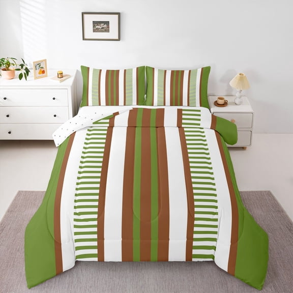 Homewish Lines Stripes Artwork Bedding Comforter Set,Geometric Stripes Twin Comforter Sets,Green Beige Brown Bedding Set For Adult,Luxury Bedroom Decor Reversible,2pcs
