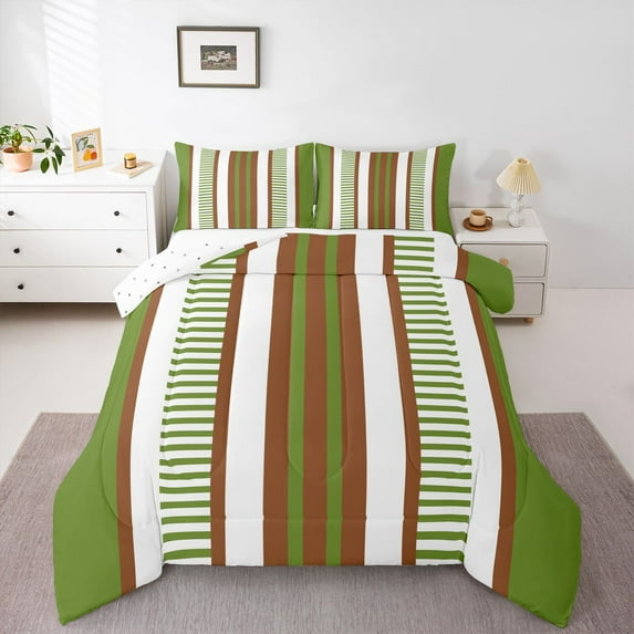 Homewish Lines Stripes Artwork Queen Comforter Set,Geometric Stripes Bedding Sets,Green Beige Brown Bedding Comforter Set For Adult,Luxury Bedroom Decor Reversible,3 Pieces