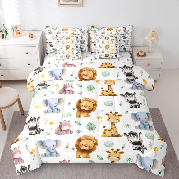 Homewish Lion Giraffe Elephant Zebra Bedding Comforter Set 7-Piece for Preppy Children Teens,Tree Leaves King Bedding Sets,Jungle Animal Ultra Soft Bed Sheets,Lightweight Room Decor,Reversible