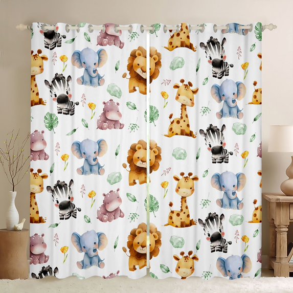 Homewish Lion Giraffe Elephant Zebra Black Out Curtains for Preppy Children Teens,Tree Leaves Curtains Pack of 2 (42x63 Each),Jungle Animal Bedroom Curtains,Lightweight Room Decor