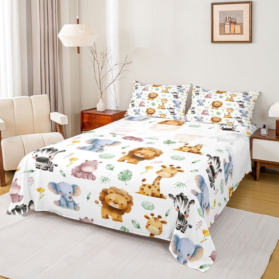 Homewish Lion Giraffe Elephant Zebra Twin Sheet Sets 3pcs for Preppy Children Teens,Tree Leaves Twin Fitted Sheet Microfiber,Jungle Animal Breathable Flat Sheet,Lightweight Room Decor