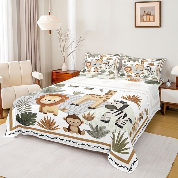 Homewish Lion Giraffe Zebra 3pcs Twin Sheet Sets for Boys Girls,Cartoon Woodland Wildlife Twin Fitted Sheet,Kawaii Animal Breathable Flat Sheet,Super Cozy Room Decor