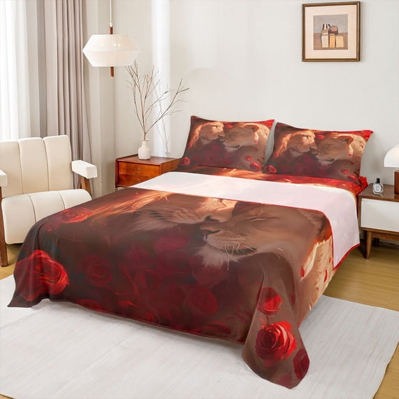 Homewish Lion King and Queen Bed Sheets, Romantic Wildlife King Sheets, Romantic Anniversary Rose Sheet Set, Microfiber Bedroom Decor, 4-Piece