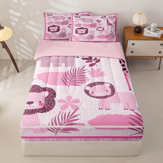 Homewish Lion Wildlife Kids Zipper Full Size Comforter Sets with Fitted Sheet and 2 Pillowcases, Leaf Plant Zipper Bedding Set, Pink, Pink Reversible, 4 Pieces