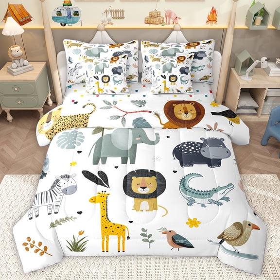 Homewish Lions Giraffe Elephant 7-Piece Bedding Comforter Set,Cartoon Owl King Bedding Sets,Wild Animal Bed Sheets For Teens,Super Cozy Room Decor Reversible